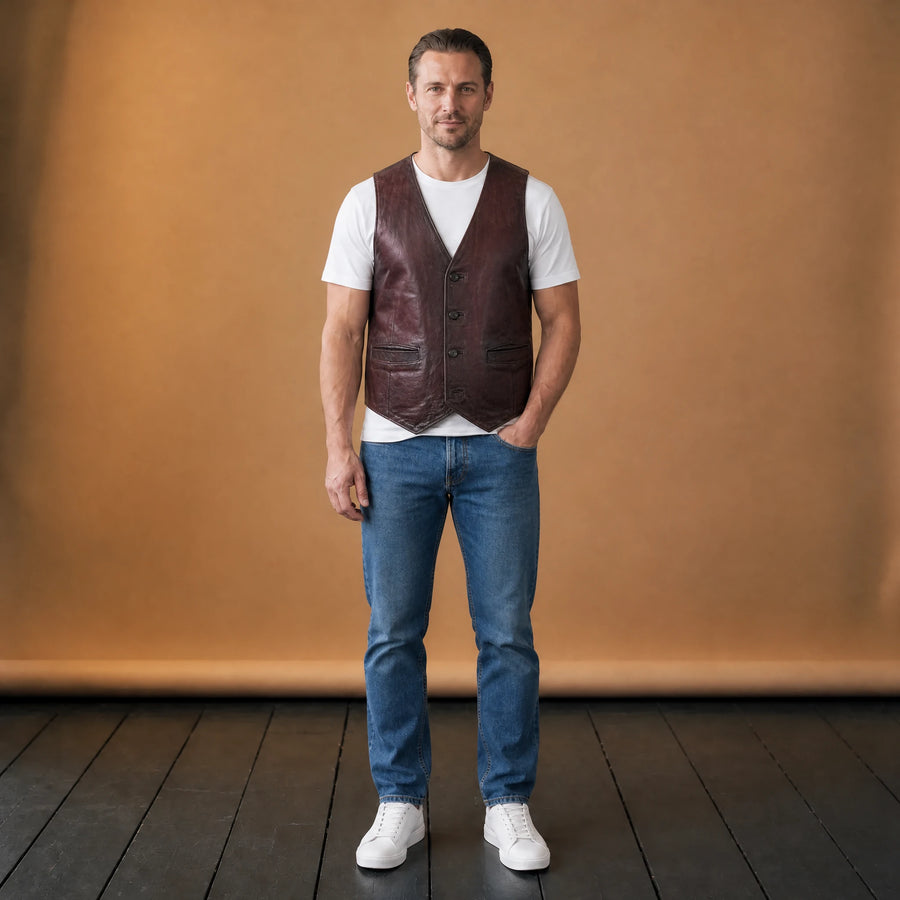 Gilet Vintage 1960s-70s Artisanal en Cuir Hauts Homme Marron - VETEMENT Studio HOMME