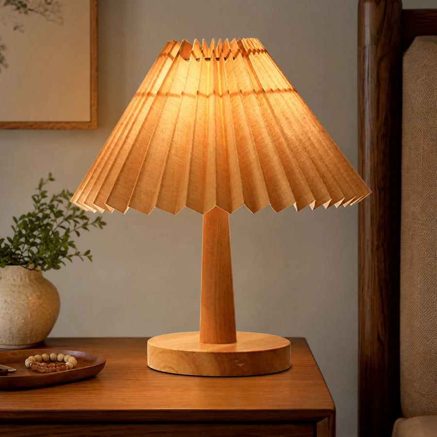Lampe de Chevet Bois avec Abat-Jour Plissé Naturel - OBJETS VARIES
