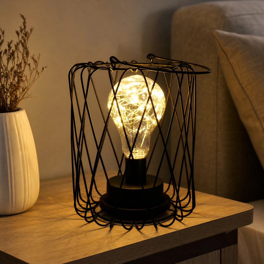 Lampe de Chevet Vintage avec Cage Métallique et Ampoule Décorative - OBJETS VARIES
