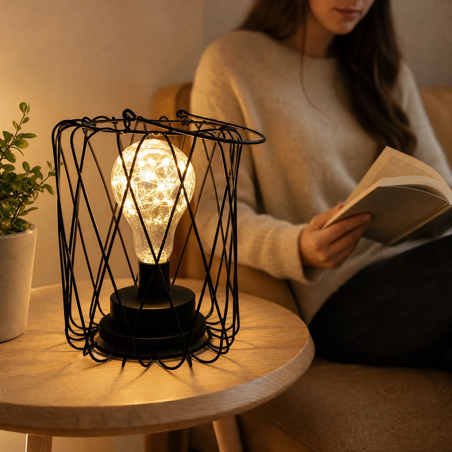 Lampe de Chevet Vintage avec Cage Métallique et Ampoule Décorative - Utilisation GLOBALE