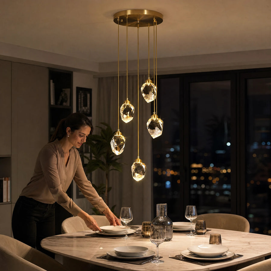 Lustre cristal cuivre à pendentifs géométriques dorés - Utilisation GLOBALE