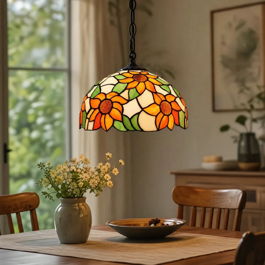 Lustre Tiffany Vitrail Motif Tournesol et Baroque - OBJETS VARIES