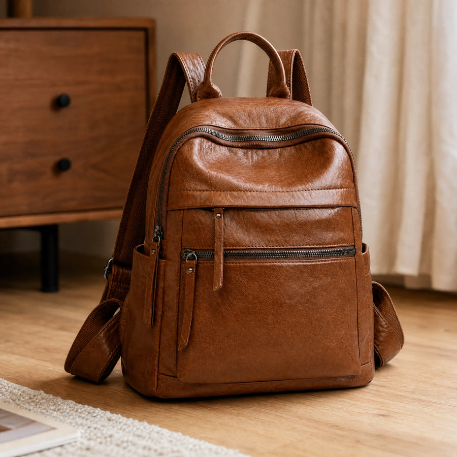 Sac à dos cuir vintage femme multi-poches marron ou noir - produit en situation