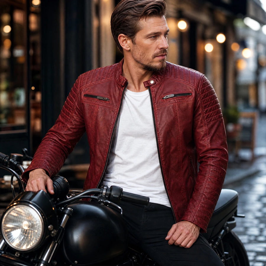 Veste de motard en cuir à fermeture éclair et col montant vintage - Utilisation GLOBALE