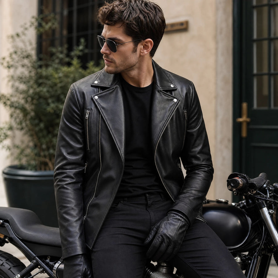 Veste de moto en cuir délavé vintage avec col montant - Utilisation GLOBALE