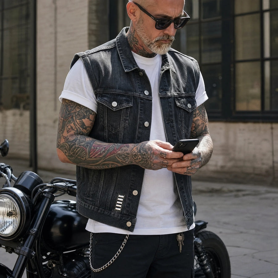 Veste en jean moto vintage imprimé tête de mort - Utilisation GLOBALE