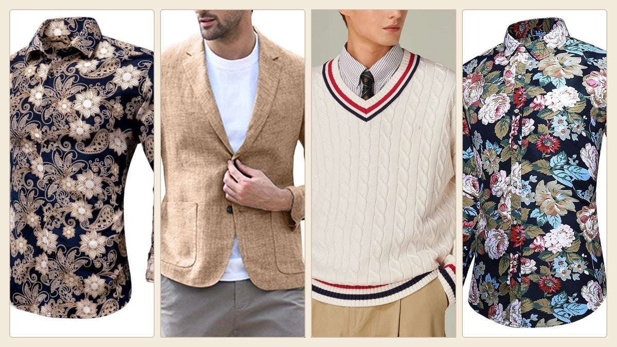 Blazer beige, chemise à motifs, pull clair et veste à carreaux pour illustrer le style des Beatles Imagen