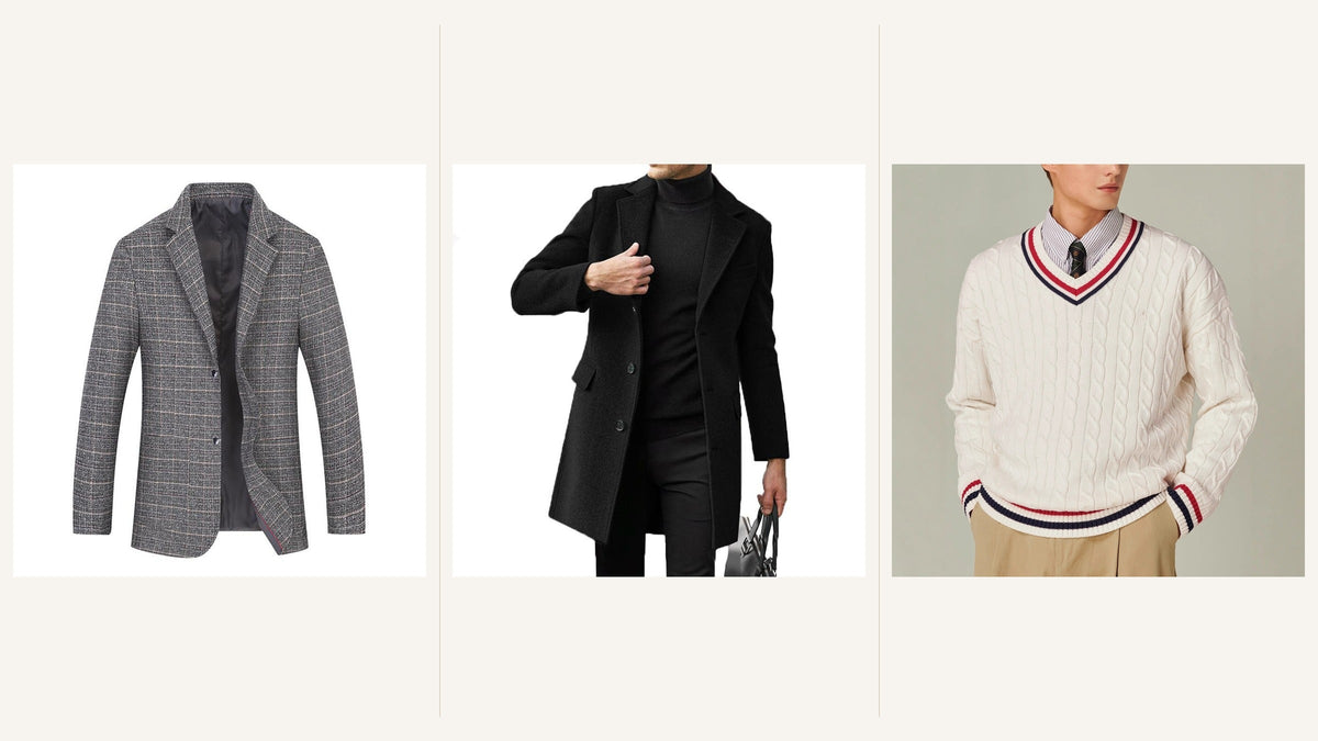 Blazer gris à carreaux, manteau noir à revers et pull blanc à col en V pour une silhouette inspirée de Cary Grant