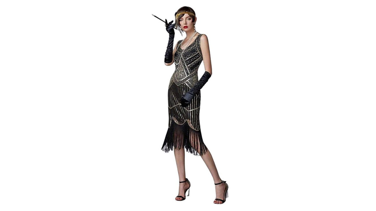 Robe de soirée sombre aux lignes graphiques pour illustrer le style théâtral de Mae West