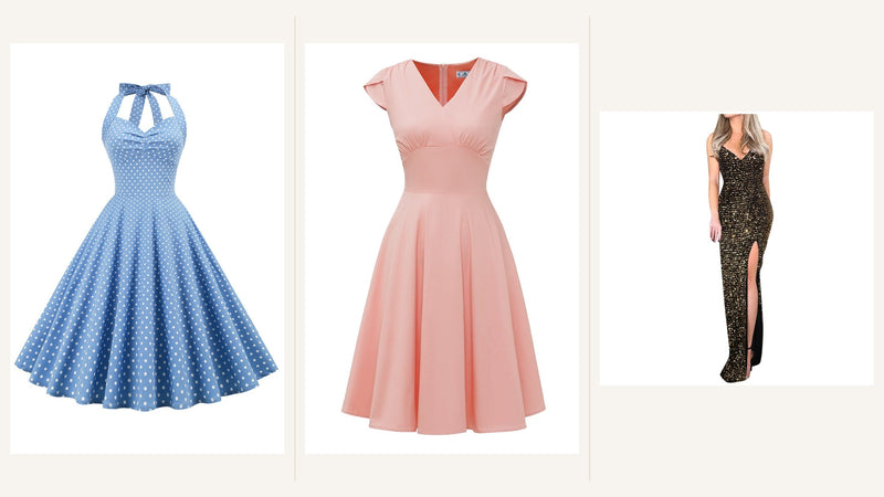 Trois robes rétro bleue à pois, rose évasée et noire dorée pour adapter les proportions et le glamour de Marilyn Monroe