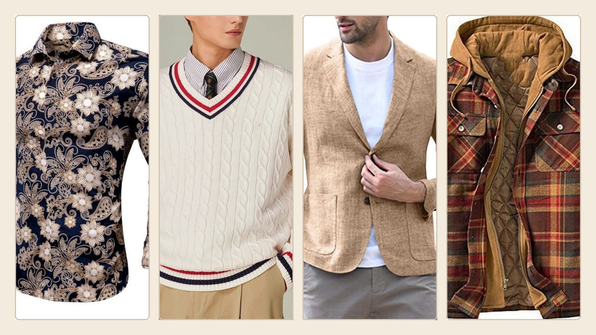 Chemise à motif, pull en V, blazer beige et veste à carreaux pour illustrer la mode homme des années 60 Imagen