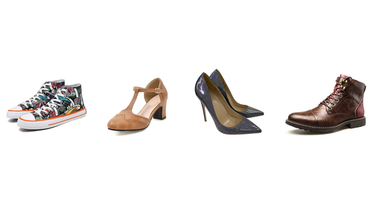 Quatre chaussures d'inspiration années 80 alignées : basket montante imprimée, escarpin T-strap en cuir camel, escarpin à talon aiguille pailleté et bottine marron à lacets Imagen