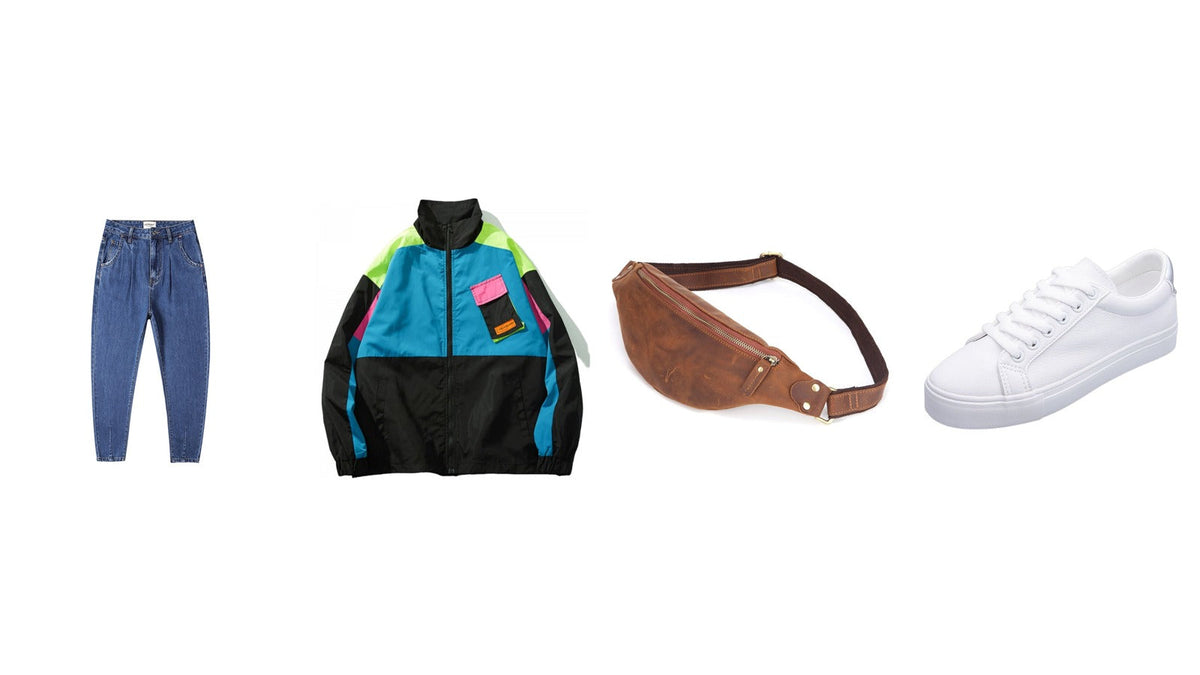 Quatre pièces d'un look années 90 sur fond blanc : coupe-vent color block, mom jean taille haute, sac banane en cuir et basket blanche en toile