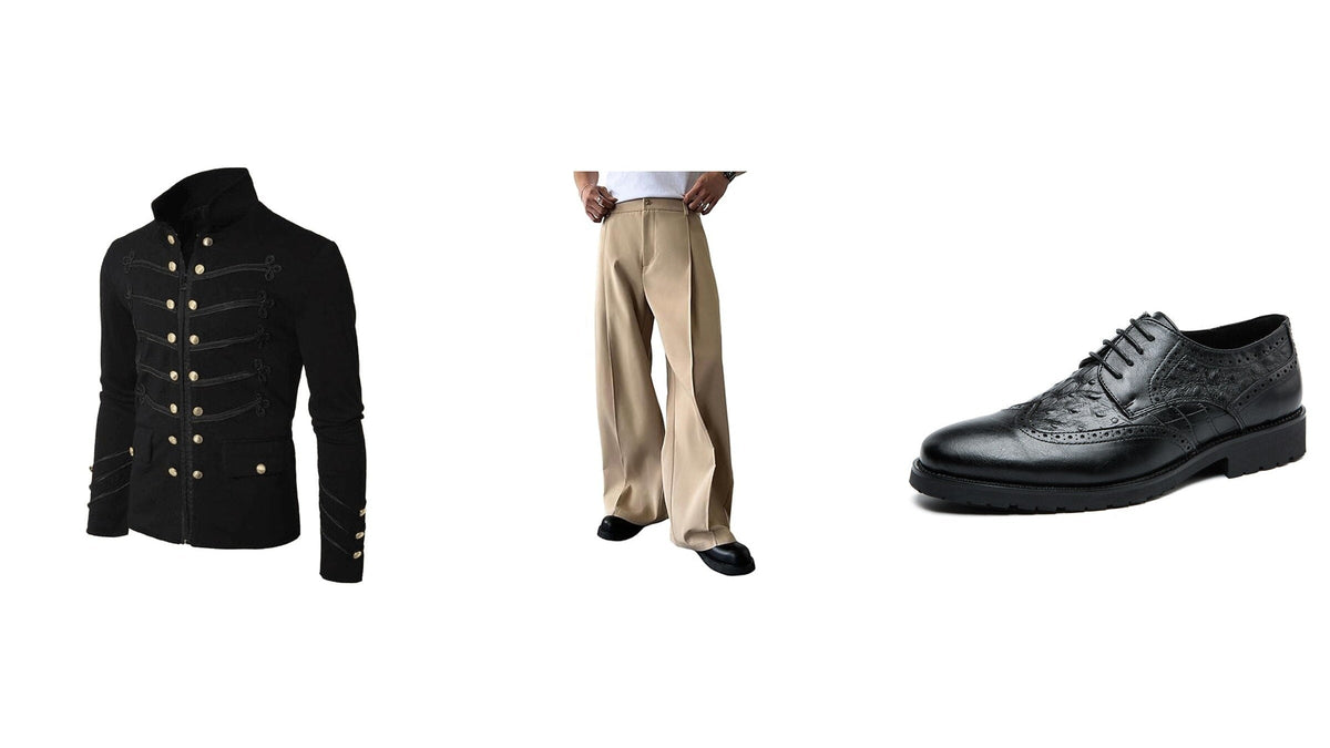 Veste structurée, pantalon ample et chaussure noire pour illustrer les contrastes de la tenue de Charlie Chaplin Imagen