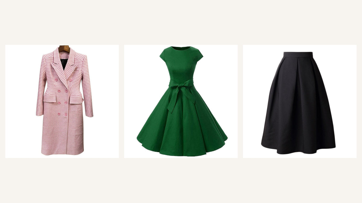 Silhouette d’inspiration New Look : veste structurée, robe verte à taille marquée et jupe noire évasée