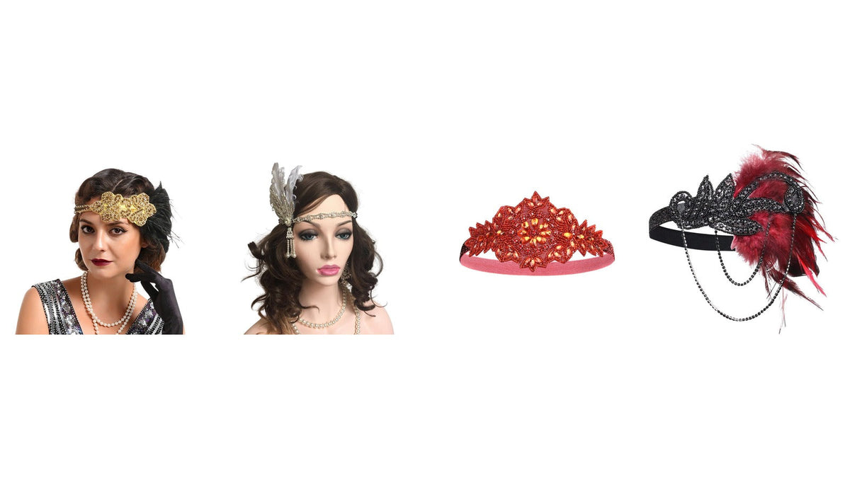 Quatre bandeaux charleston pour accompagner une robe longue : doré à plume noire, argenté à perles, rouge à strass et noir à plume bordeaux Imagen