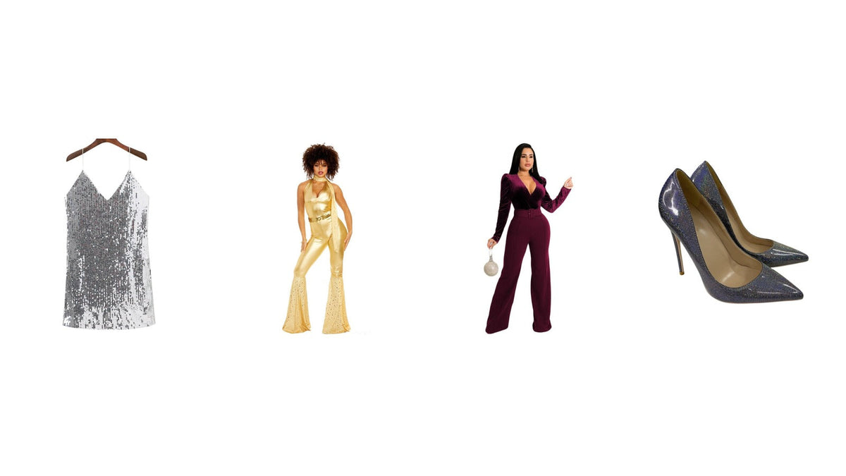 Quatre pièces d'une tenue disco femme sur fond blanc : ensemble doré à pattes d'éph, robe courte à sequins argentés, combinaison en velours bordeaux et escarpins pailletés Imagen