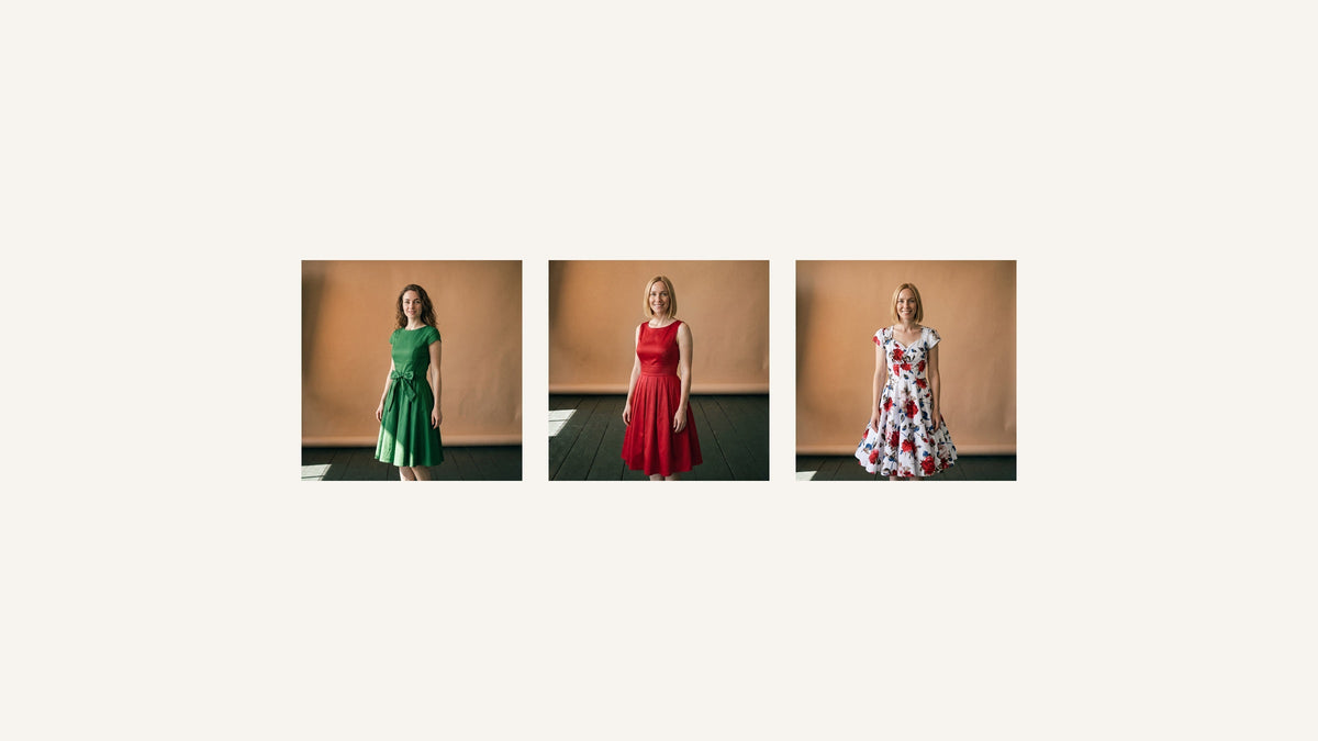 Trois robes d’inspiration années 50, verte, rouge et fleurie, présentées en studio Imagen