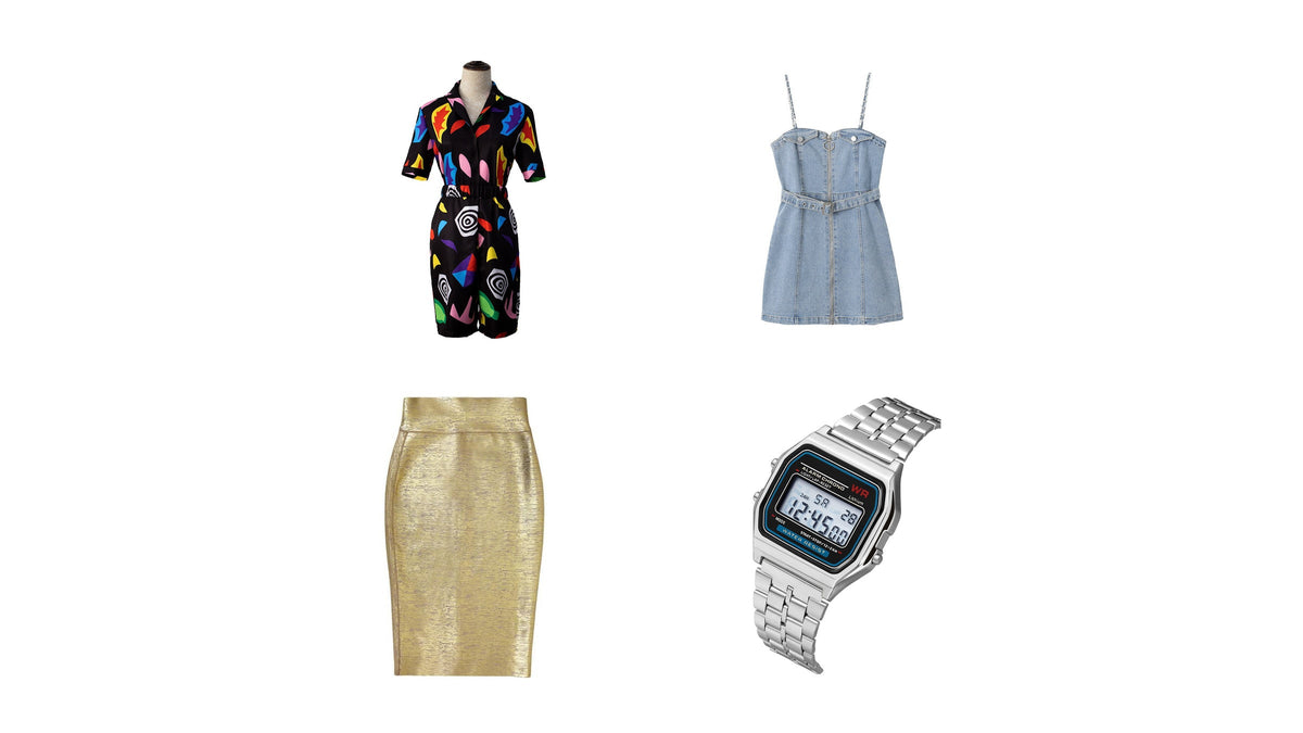 Mode féminine des années 80 : combinaison graphique, robe en jean, jupe dorée et montre numérique Imagen