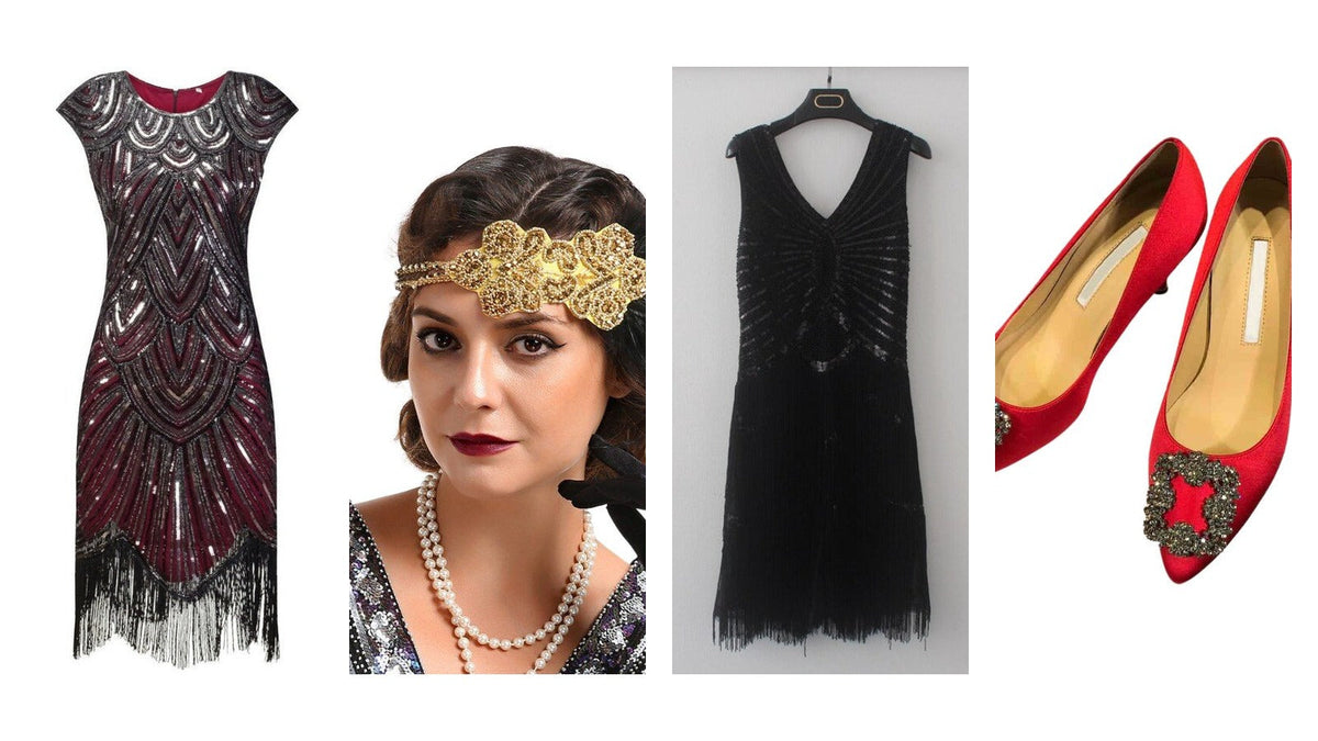 Quatre pièces d'une tenue Gatsby sur fond blanc : robe rouge à sequins Art déco, bandeau doré à plume porté, robe noire à franges et paillettes, escarpin rouge à boucle strass