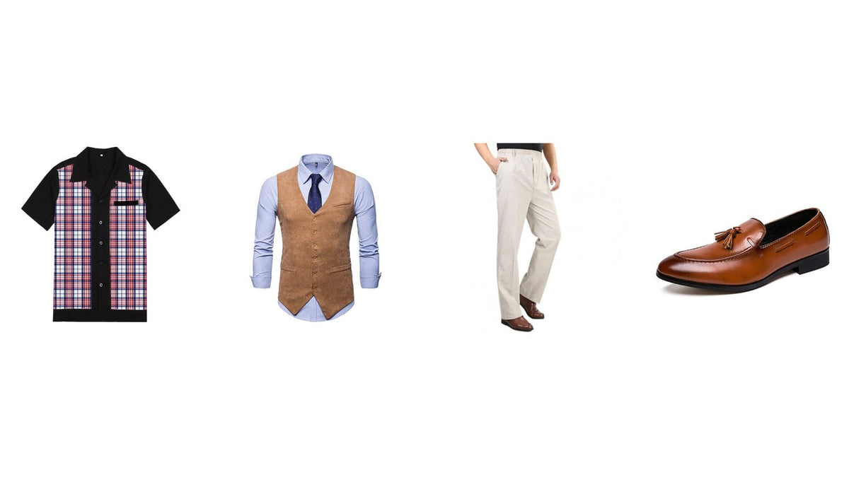Quatre pièces du vestiaire masculin des années 50 : chemise de bowling à panneau écossais, gilet de costume camel, pantalon à pinces écru, mocassin en cuir fauve Imagen