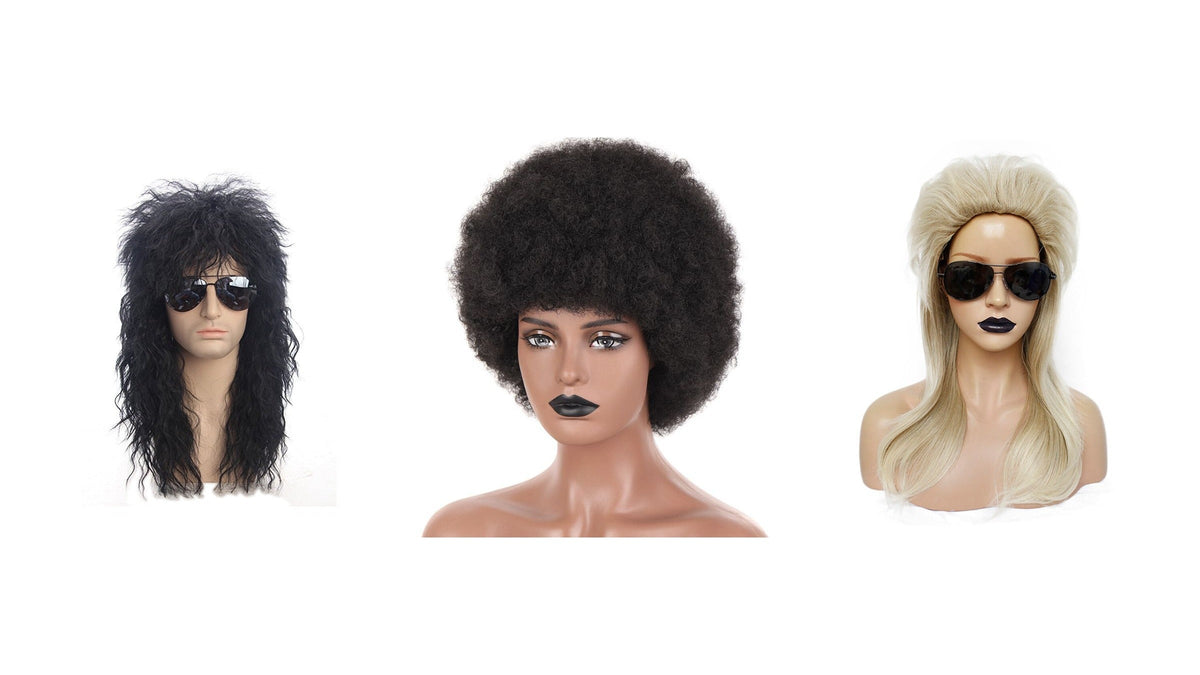 Trois volumes de coiffure années 80 sur fond blanc : crinière noire crantée, afro rond brun, chevelure blonde à racines soulevées Imagen