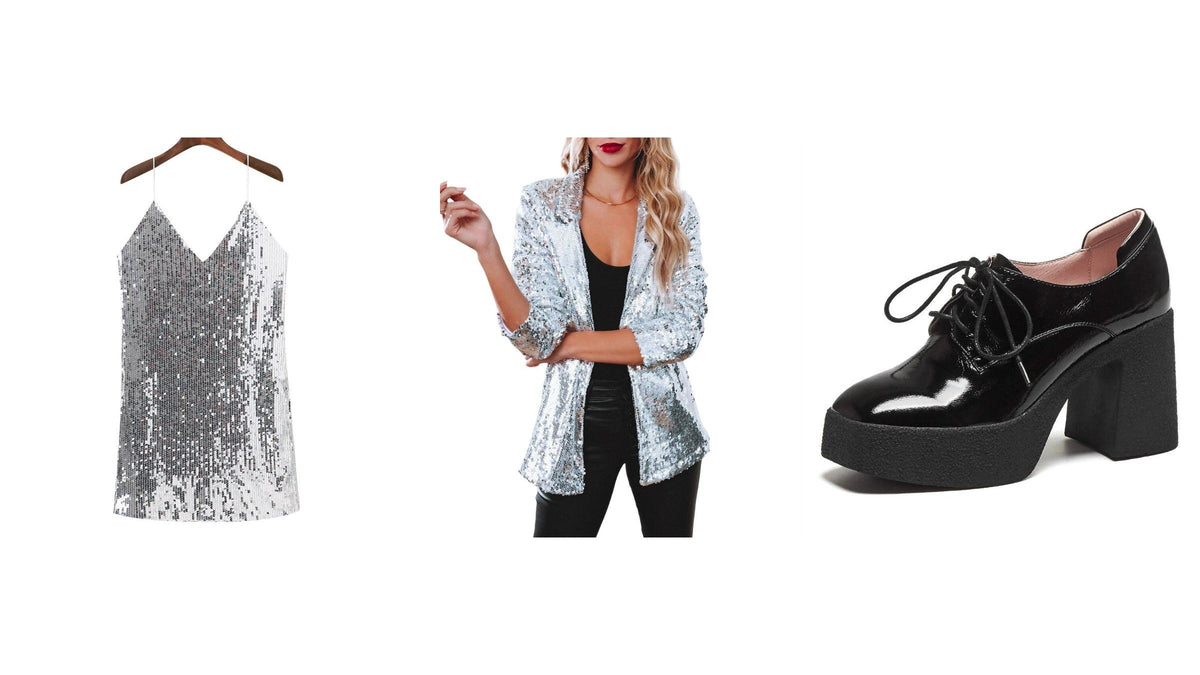 Trois pièces d’une tenue disco sur fond blanc : robe courte à sequins argentés, veste blazer à sequins argentés portée ouverte, chaussure à plateforme noire vernie Imagen