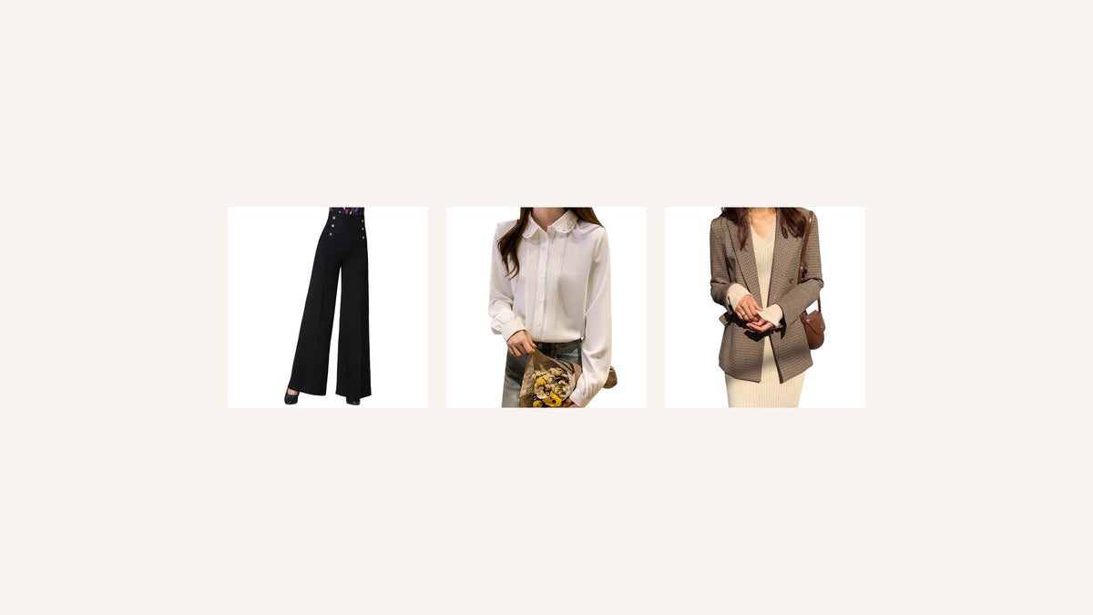 Montage de trois pièces : pantalon noir ample, chemise blanche et blazer à carreaux