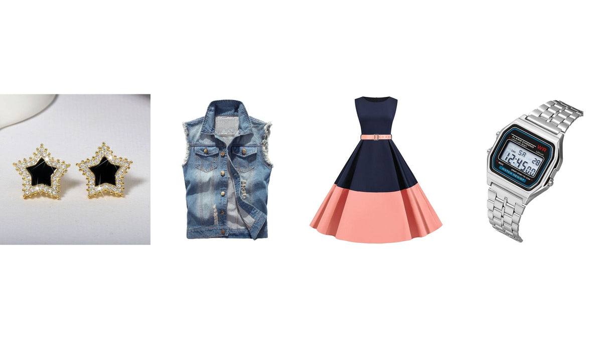 Look année 80 chic composé autour d’une veste en jean sans manches, d’une robe bicolore, de boucles d’oreilles étoilées et d’une montre numérique Imagen