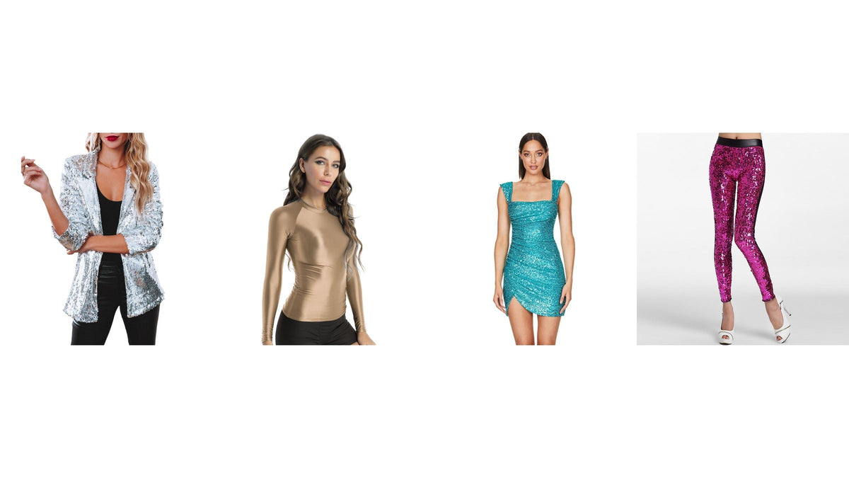 Quatre pièces lumineuses pour un look disco : veste argentée, haut doré, robe turquoise et pantalon rose à paillettes Imagen