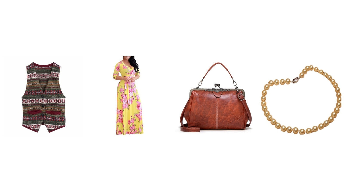 Quatre pièces d'un déguisement de mamie sur fond blanc : robe longue à fleurs, gilet sans manche tricoté, collier de perles dorées et sac à main en cuir à fermoir Imagen