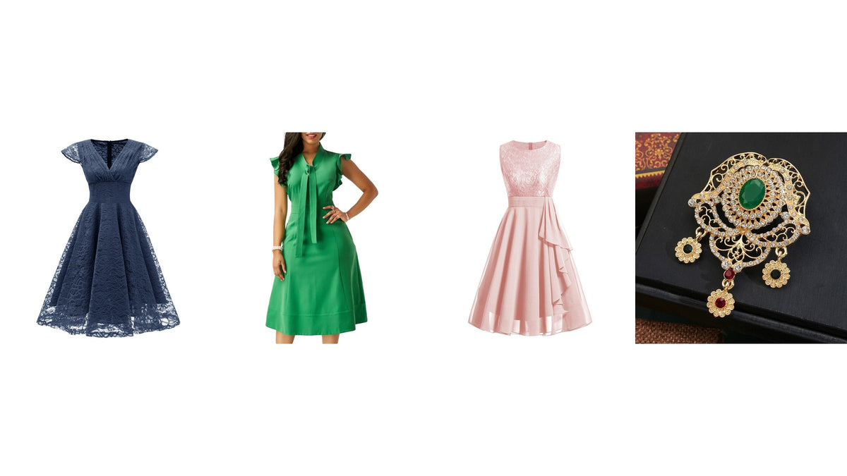 Trois robes de cérémonie bleue, verte et rose avec une broche ornée, pour composer une tenue de mariage à 60 ans Imagen