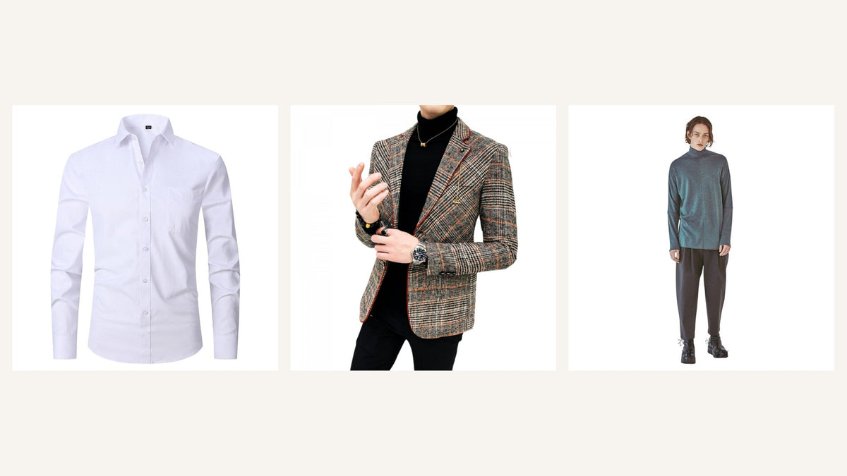 Chemise blanche, blazer à carreaux et pantalon sombre pour composer une tenue de mariage séparée Imagen