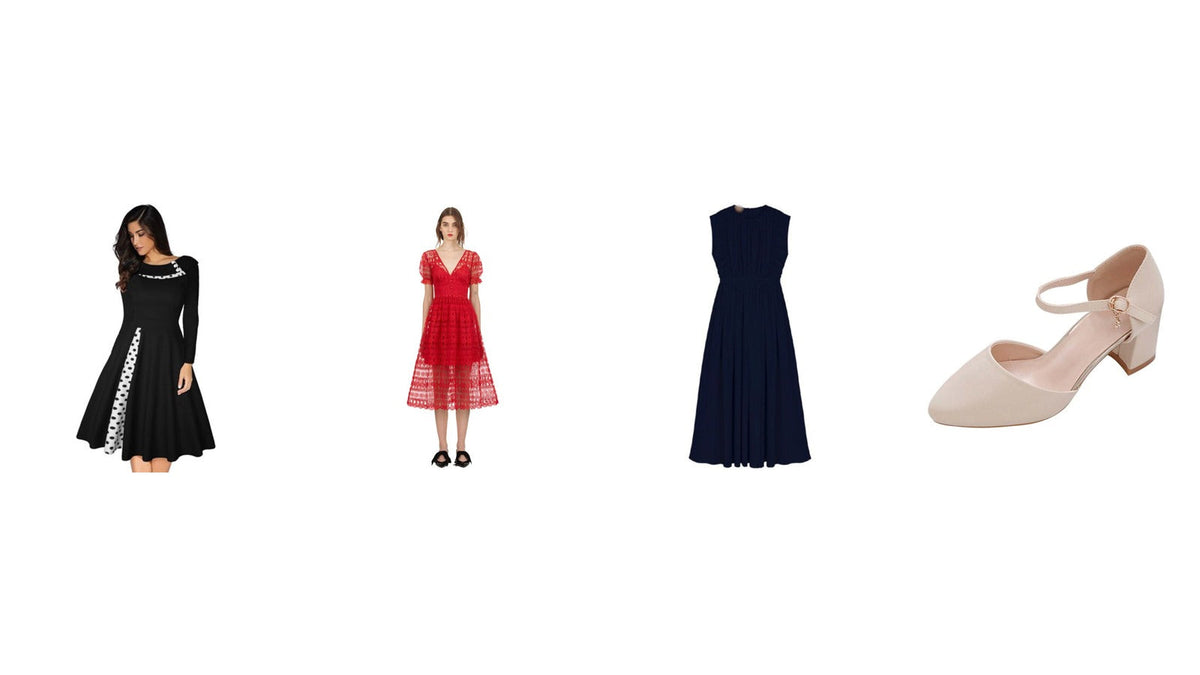 Trois robes de cérémonie et une chaussure à talon bas : robe noire à manches longues, robe midi en dentelle rouge, robe longue bleu marine, escarpin beige à bride Imagen