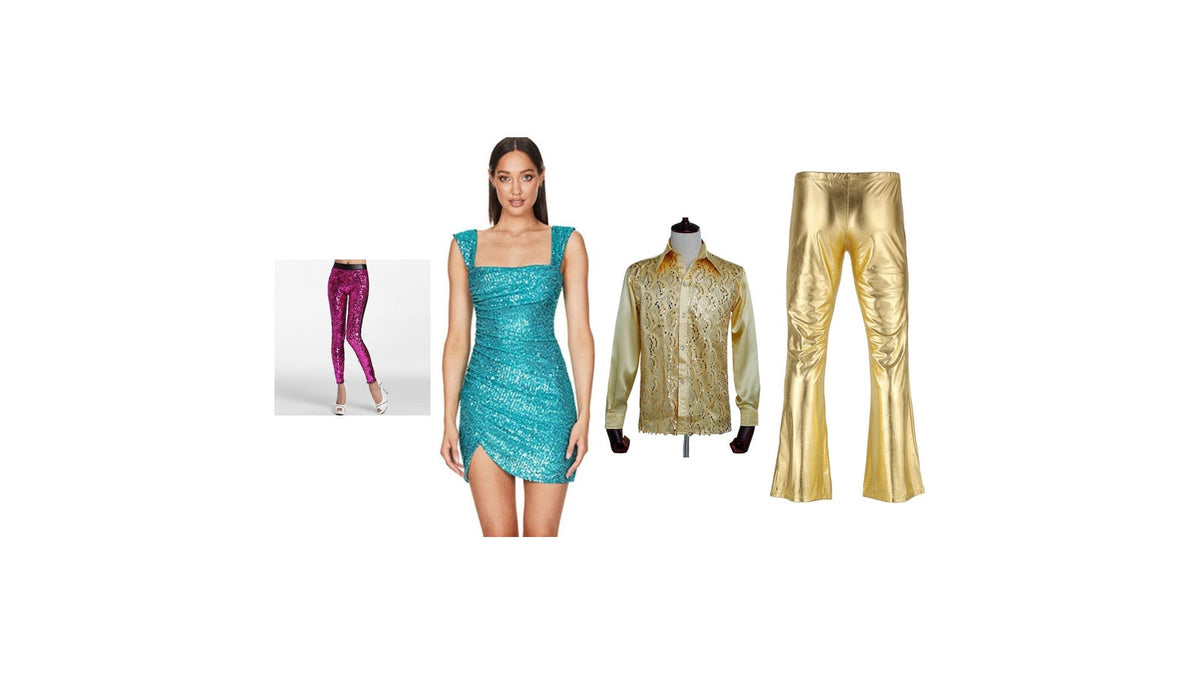 Tenue party disco femme et homme : robe turquoise, pantalon rose, chemise dorée et pantalon doré Imagen