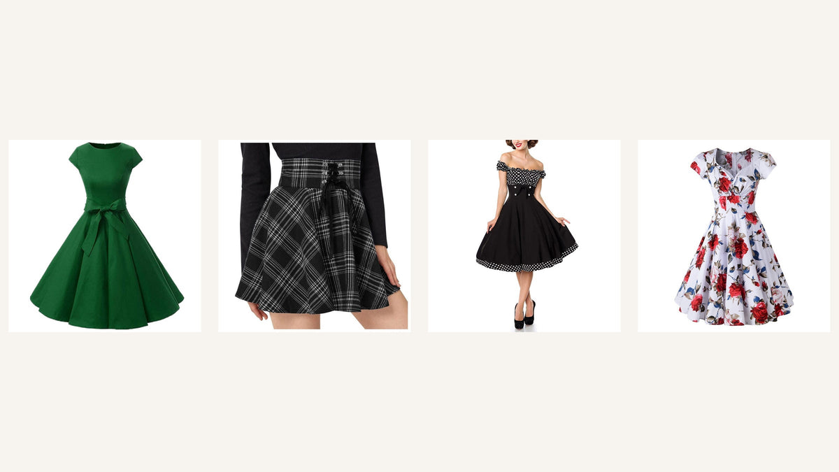 Style Brigitte Bardot revisité : robe verte évasée, jupe à carreaux, robe noire aux épaules dégagées et robe fleurie Imagen