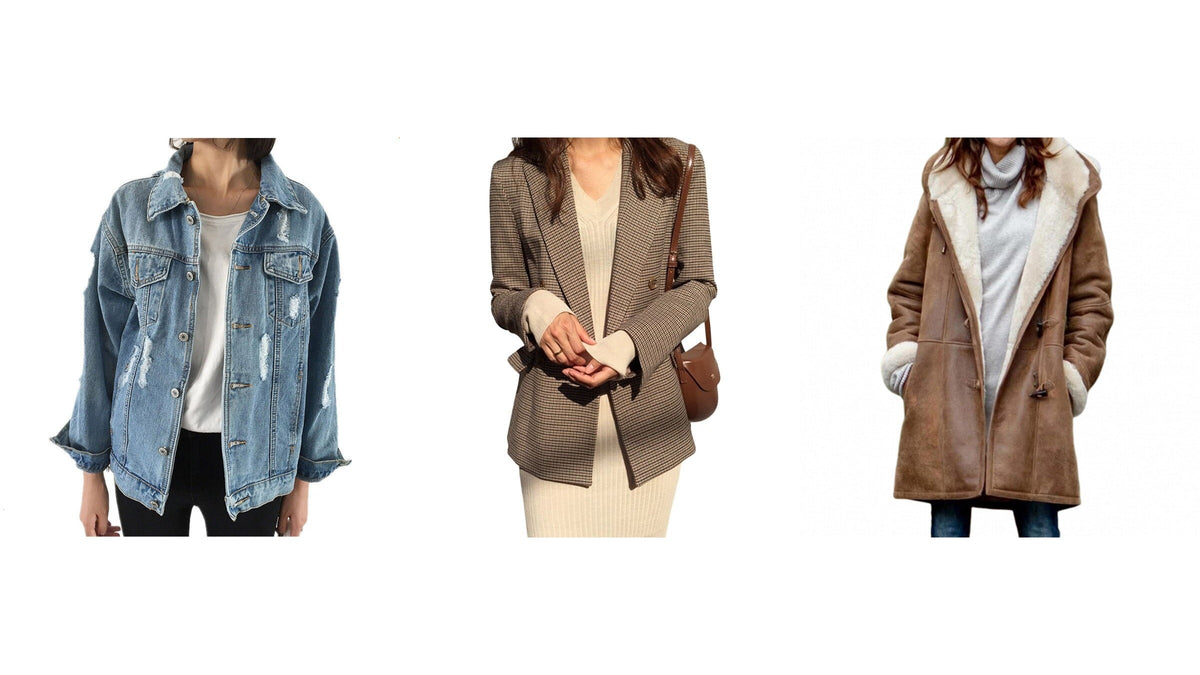 Trois vestes d’inspiration rétro pour femme : jean délavé, blazer à carreaux et veste longue brune Imagen