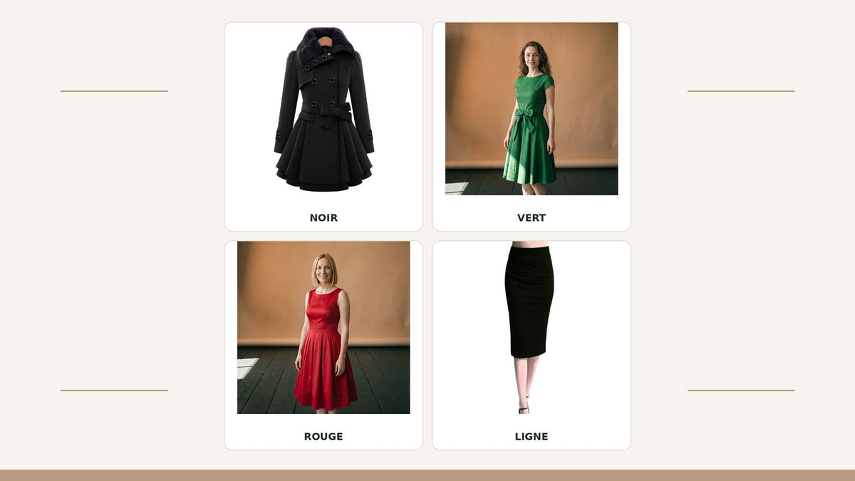 Quatre lignes graphiques inspirées du cinéma d’Alfred Hitchcock : manteau noir, robes verte et rouge, jupe crayon noire Imagen