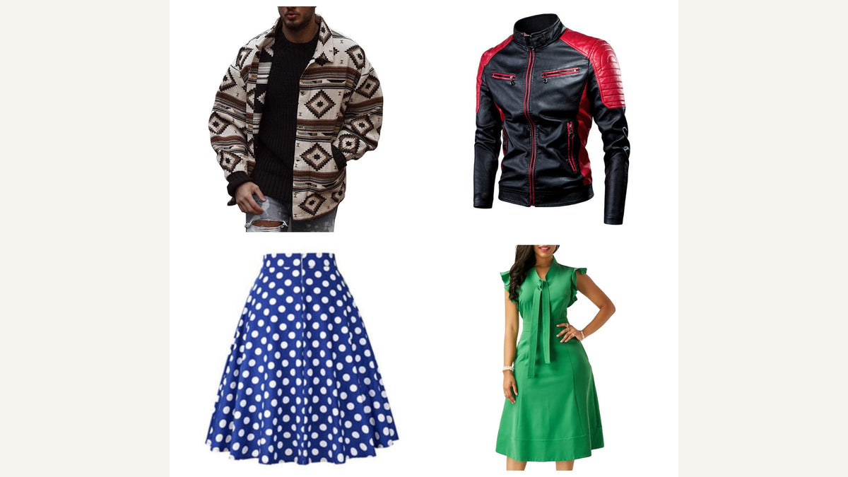 Quatre pièces du catalogue réunissant motif géométrique, rouge et noir, jupe bleue à pois blancs et robe verte pour traduire les codes visuels d’Andy Warhol