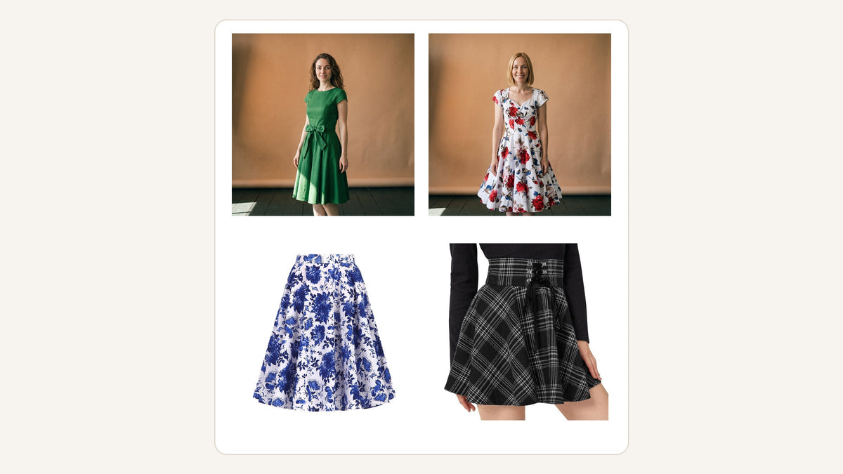 Quatre pièces du catalogue pour traduire le style de Rita Hayworth : deux robes et deux jupes à taille marquée Imagen