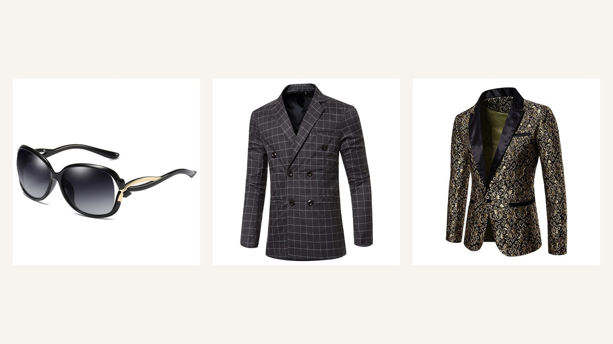 Lunettes noires, veste croisée à carreaux et blazer noir doré pour une tenue de scène rétro Imagen