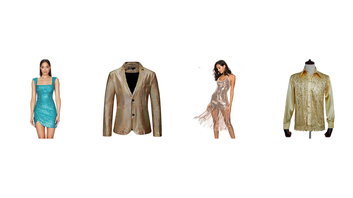 Tenues disco à paillettes pour femme et homme : robe turquoise, veste dorée, robe à franges et chemise brillante Imagen