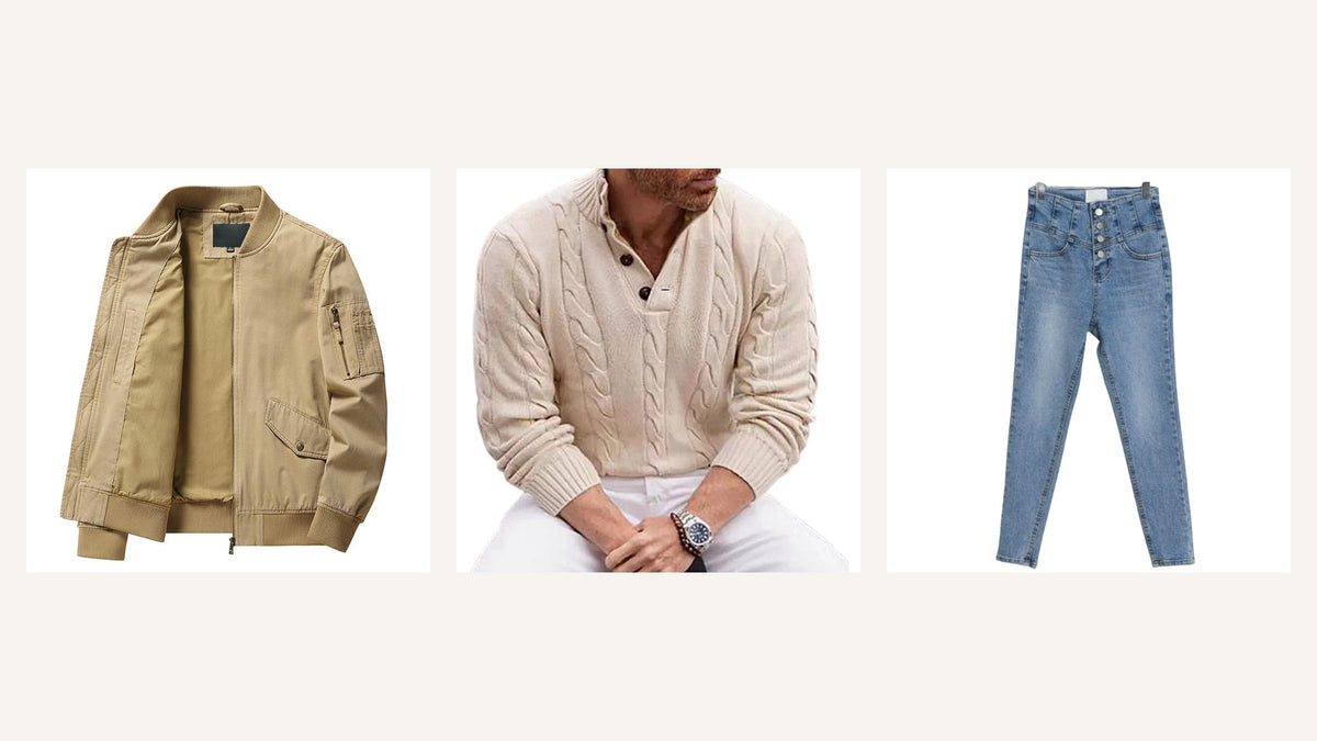 Tenue inspirée de Steve McQueen avec veste beige courte, pull écru et jean bleu à coupe nette