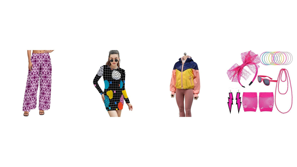 Style des années 80 : robe graphique, veste de sport colorée, pantalon à motif et accessoires pop Imagen