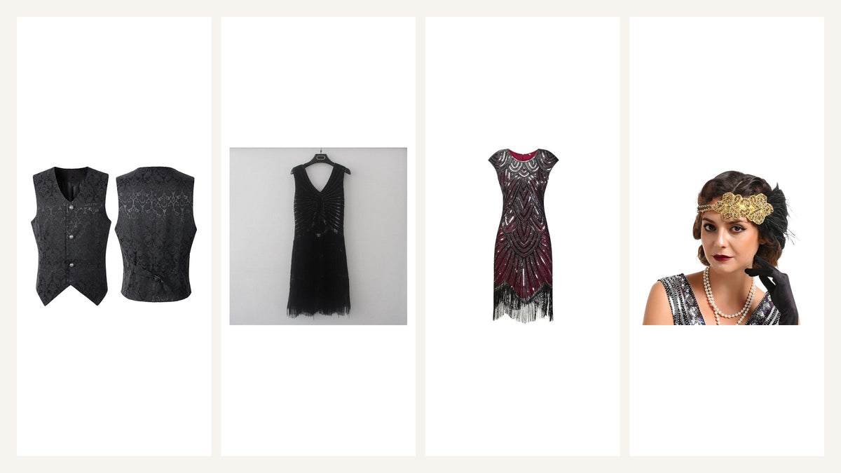 Tenues Gatsby avec gilet noir, robes à franges et bandeau doré Imagen