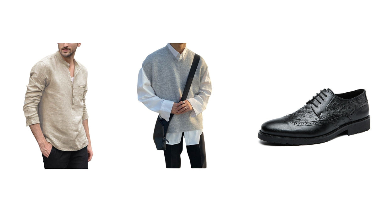 Tenue homme inspirée des années 40 avec chemise beige, pull sans manches gris et chaussure noire Imagen