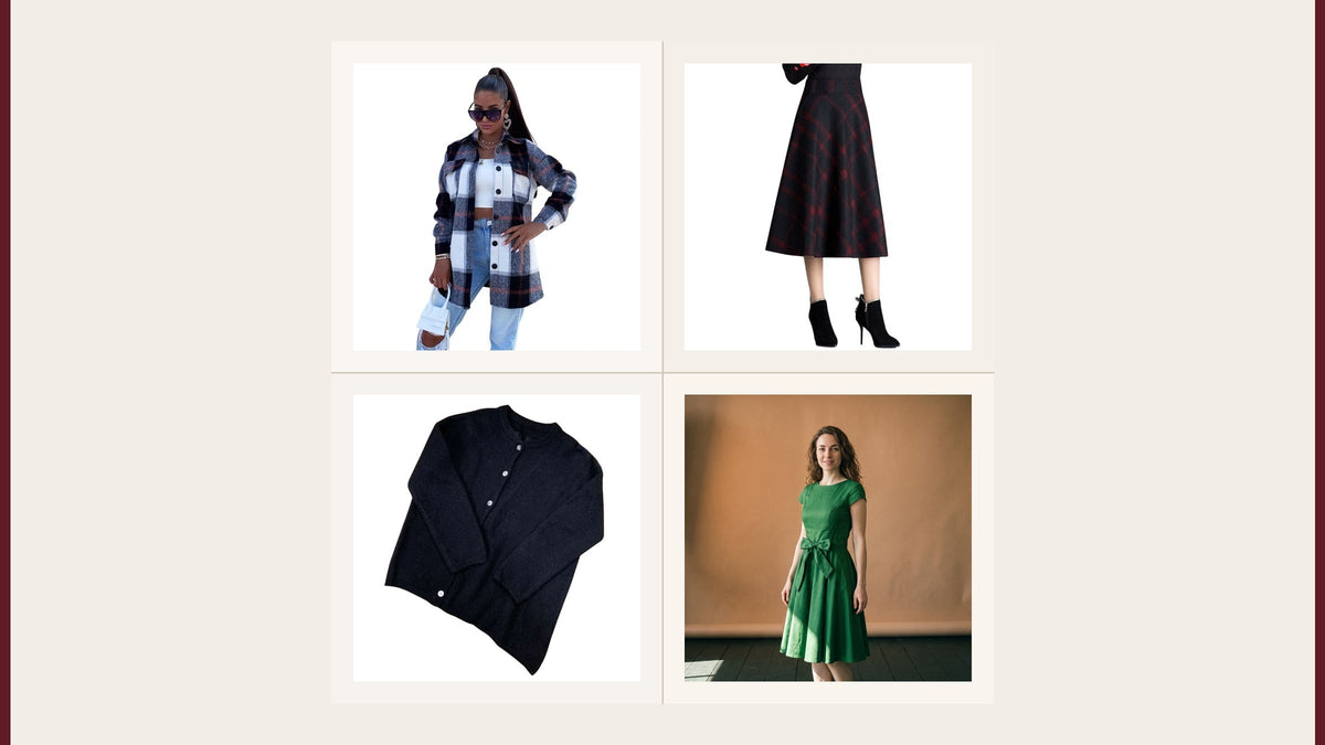 Quatre pièces du catalogue Mode Vintage : veste à carreaux, jupe écossaise, pull noir asymétrique et robe verte évasée Imagen