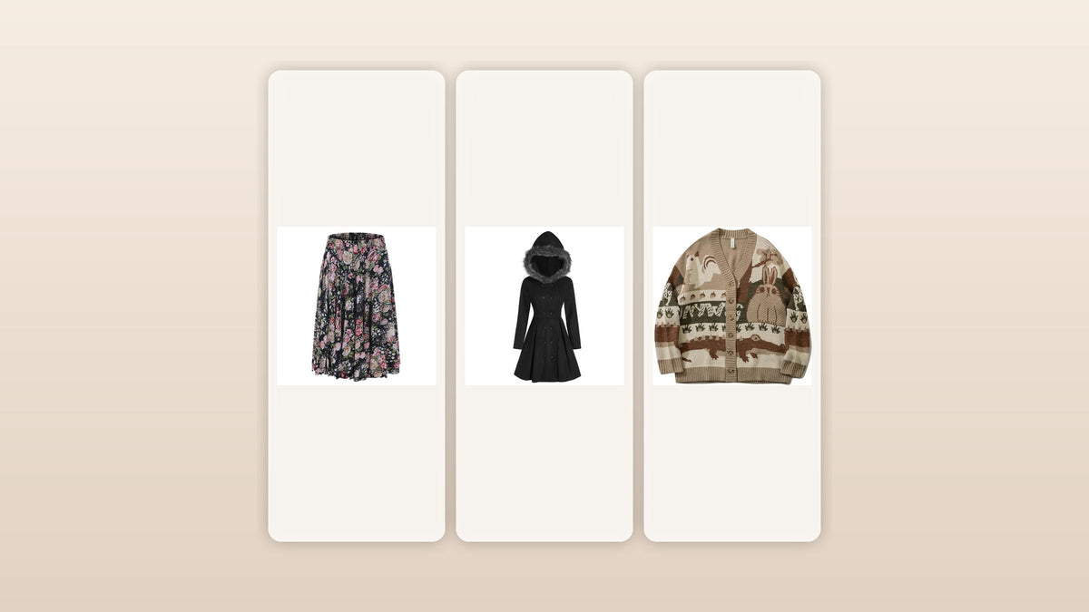 Jupe florale, manteau noir et cardigan beige présentés pour vendre des vêtements vintage
