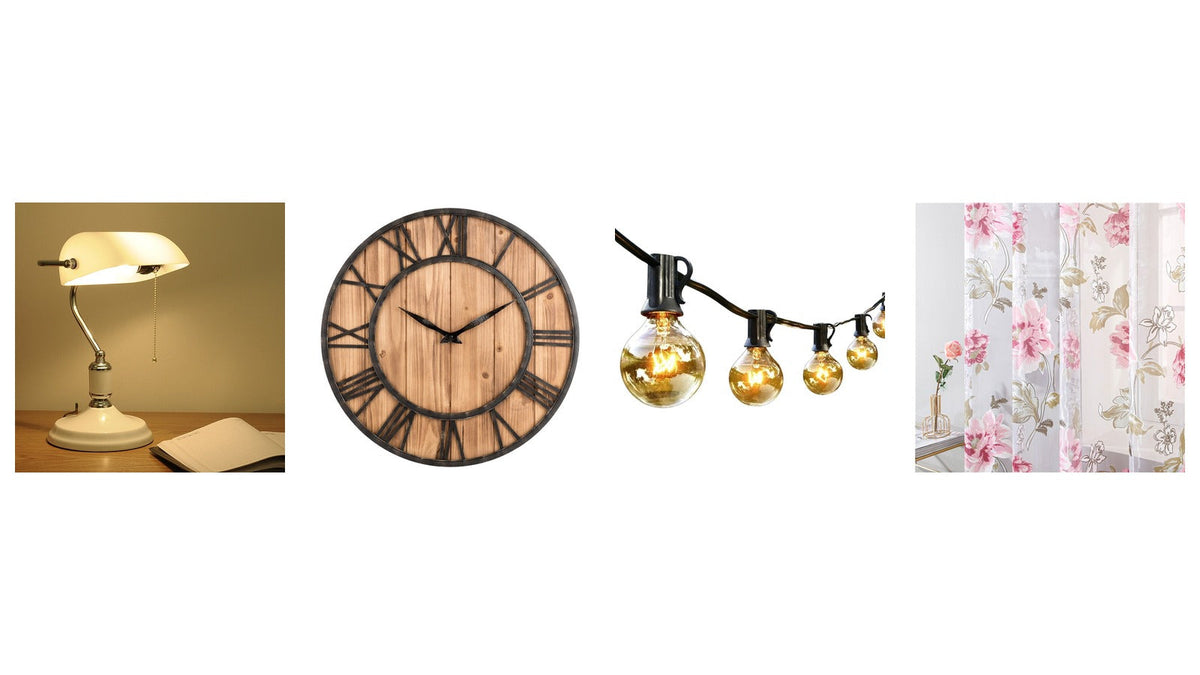 Cuisine vintage : lampe de bureau années 50, horloge murale en bois, guirlande d'ampoules et voilage fleuri