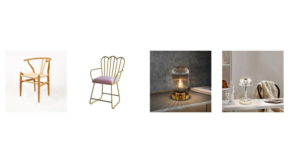 Changer la couleur d'un meuble sans le peindre : une chaise en bois clair, une chaise en velours rose et deux lampes à poser Imagen